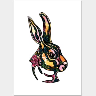 Floral rabbit hand drawn illustration, hippie decorative bunny face Posters and Art